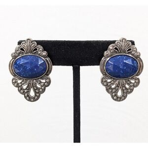 Avon Faceted Traditions Earrings Blue Filigree Vintage Style 90s Silver Tone